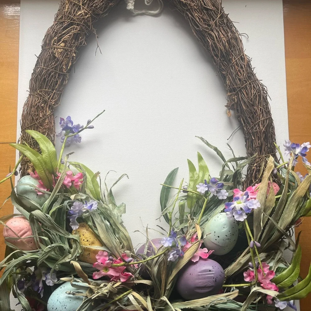 Spring Pastel Egg Grapevine Wreath - Floral Easter Door Decor